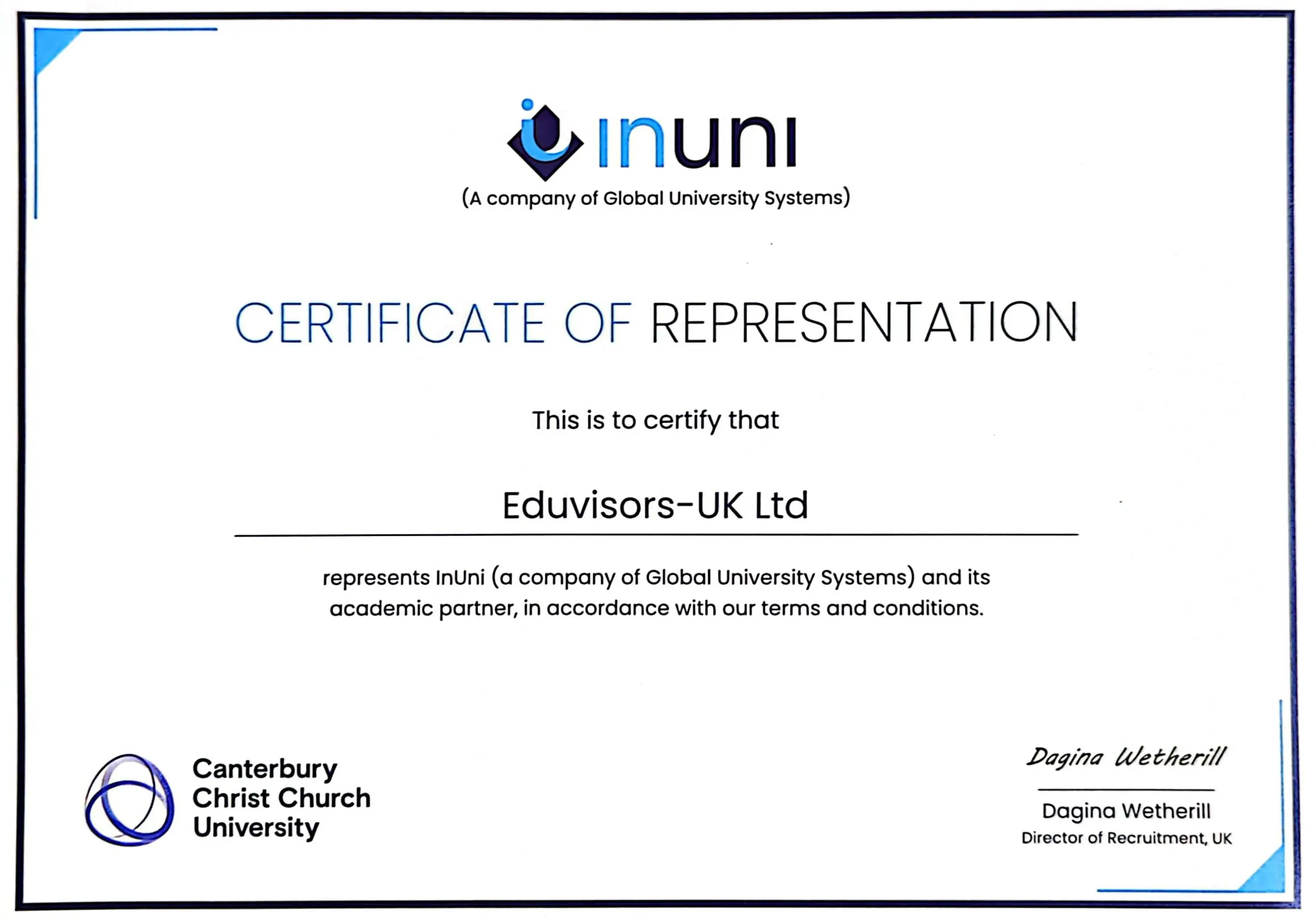 Canterbury Christ Church University - Certificate of Representation